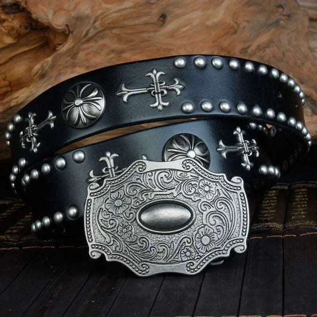Edgy Punk Rock Men's Leather Belt with Heavy Metal Accents