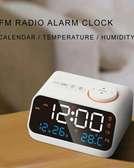 Sleek LED Alarm Clock with FM Radio, Temperature & Humidity Display for a Stylish Bedside Experience