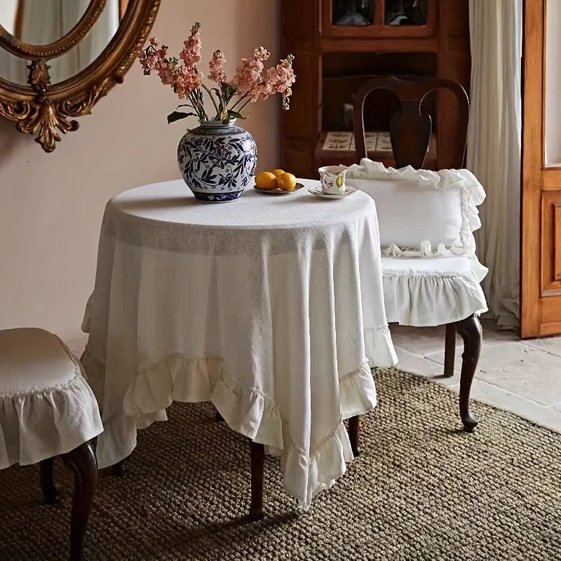 Linen Ruffled Tablecloth – Beige | Très Elite