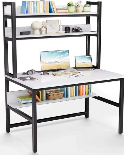 Modern White Office Desk with Hutch and 3-Tier Bookshelf for Stylish Workspace Efficiency