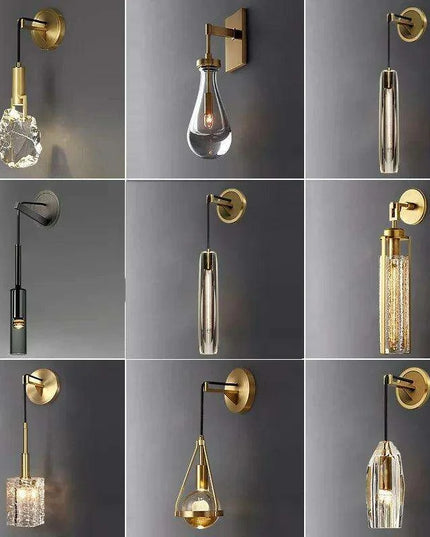 Luxurious Copper Finish Crystal Water Droplet LED Wall Light - Nordic Modern Design