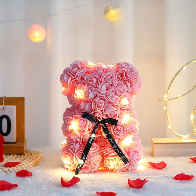 25cm Teddy Rose Flower Bear — Eternal Flower Gift with Box & Warm Lights