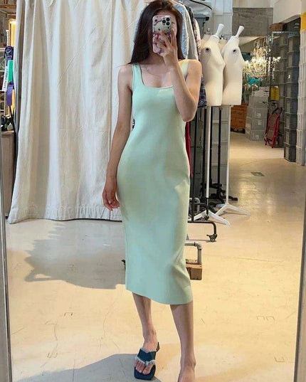 Elegant Midi Dress with Square Neck - Stylish Viscose Stretch