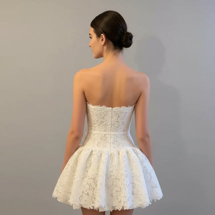 White Lace A-Line Mini Homecoming Dress — Strapless, Bow Waist, Custom Fit