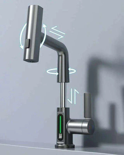 LED Waterfall Faucet with Temperature Display and Rotating Pull-Out Sprayer