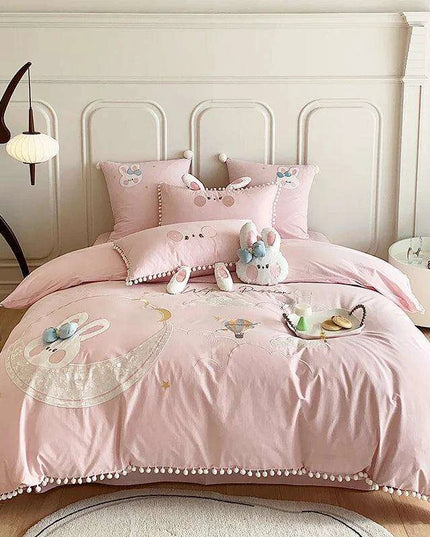Charming Pink Cartoon Rabbit & Moon Embroidered 100% Cotton Girls Bedding Set with Whimsical Ball Edges - Duvet Cover, Sheet & Pillowcases