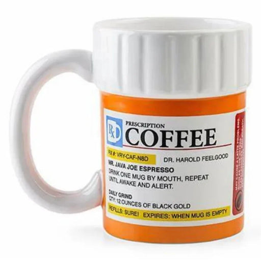 Quirky Prescription Pill Bottle Ceramic Coffee Mug - Playful Morning Wake-Me-Up