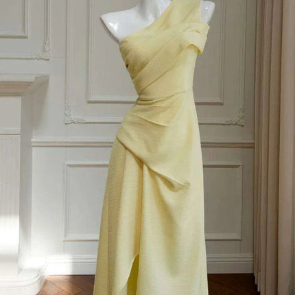 Asymmetrical Evening Dress with Diagonal Collar and Pleated Waist