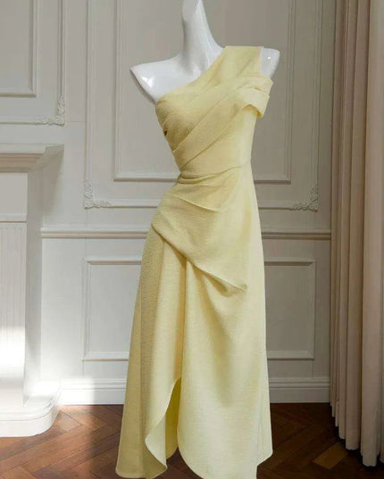 Asymmetrical Evening Dress with Diagonal Collar and Pleated Waist