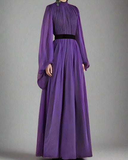 Evening Dress with Lantern Sleeves and Stand Collar for Women