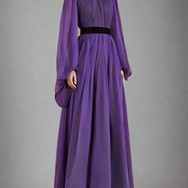 Evening Dress with Lantern Sleeves and Stand Collar for Women