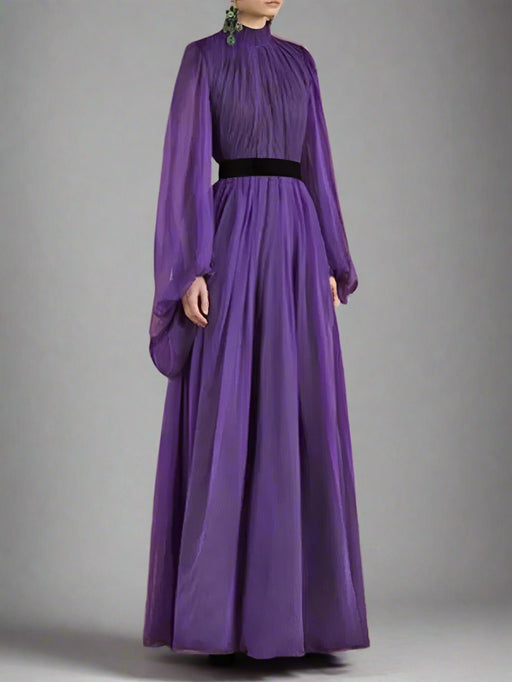 Evening Dress with Lantern Sleeves and Stand Collar for Women