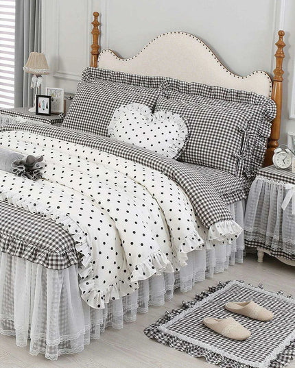 Polka Dot Cotton Luxurious 4-Piece Set with Ruffled Duvet Cover and Coordinated Bed Skirt