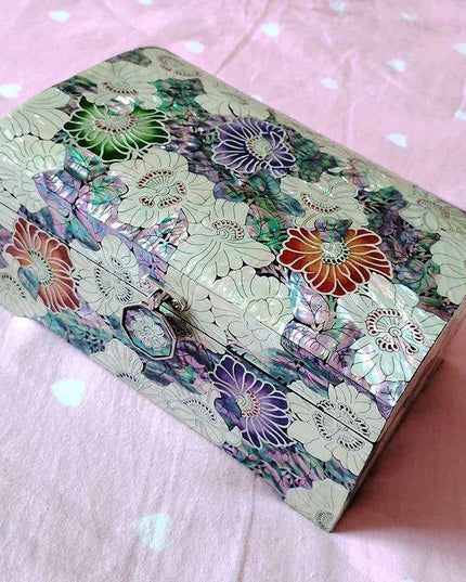 Opulent Two-Tier Jewelry Storage Box with Mother-of-Pearl Detailing and Integrated Mirror