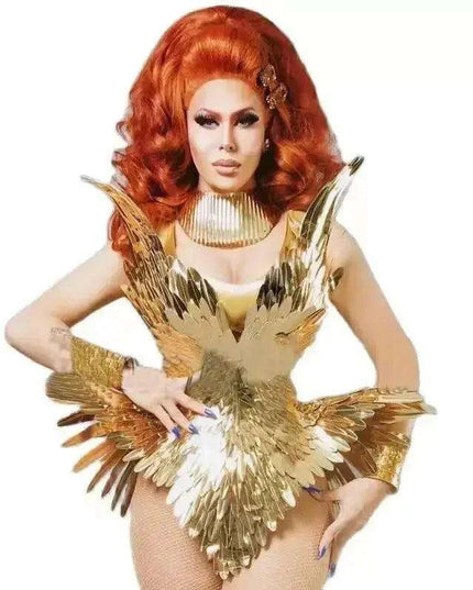 Radiant Gold Leaf Patent Leather Dance Bodysuit Set for Nightlife Glamour