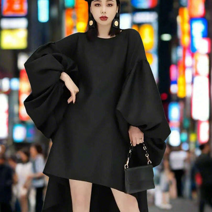 Batwing Sleeve Solid Color Dress for Autumn