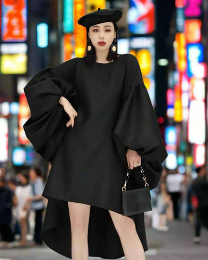 Batwing Sleeve Solid Color Dress for Autumn