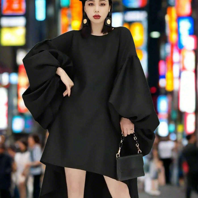 Batwing Sleeve Solid Color Dress for Autumn