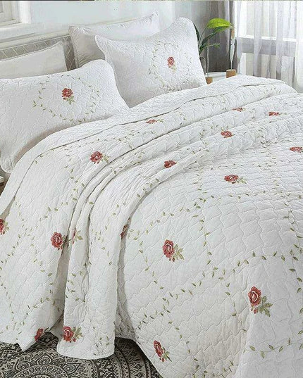 Floral Embroidered Oversized Queen Cotton Bedspread Set with Pillow Shams