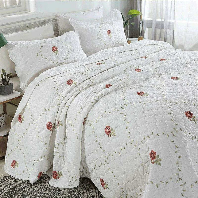 Floral Embroidered Oversized Queen Cotton Bedspread Set with Pillow Shams