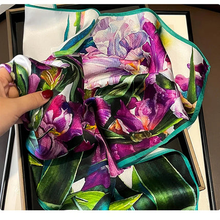 Silk Floral Print Square Scarf - Women's Luxury Neckerchief & Shawl