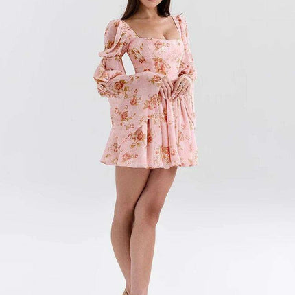 Floral Ruffled Puff Sleeve Backless Mini Dress for Women - Chic Party Clubwear