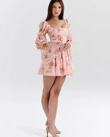 Floral Ruffled Puff Sleeve Backless Mini Dress for Women - Chic Party Clubwear