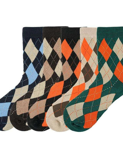 Vibrant Argyle Geometric Socks for Men - Set of 5 Cozy Combed Cotton Winter Essentials