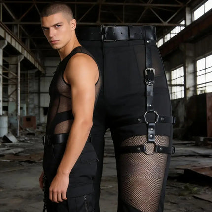 Men's Leather Punk Leg Harness — Caged Thigh Garter, Rave & Gothic