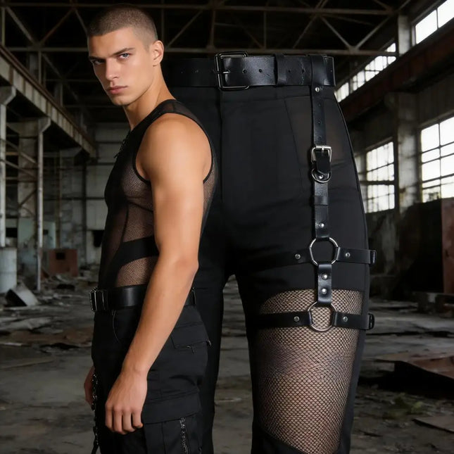 Men's Leather Punk Leg Harness — Caged Thigh Garter, Rave & Gothic