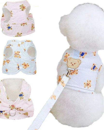 Adorable Bear Print Mesh Harness and Bowtie Leash Combo for Small Dogs and Cats - Trendy Pet Vest