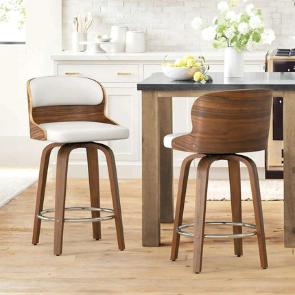 Elegant Mid-Century Walnut Swivel Counter Stools with Faux Leather Seat - 26 Inch Height