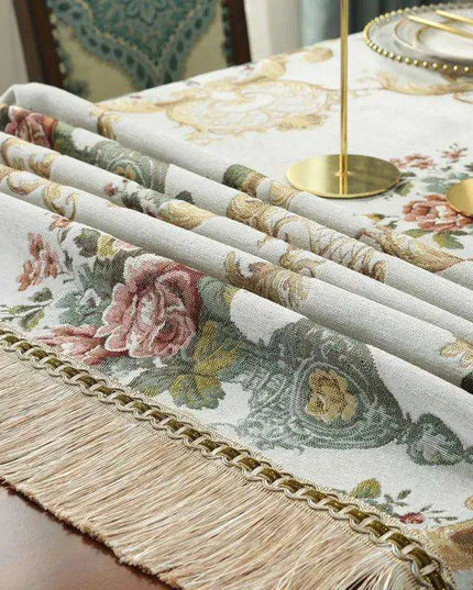 Chic Chenille Tablecloth with Decorative Floral Tassels for Upscale Dining Settings