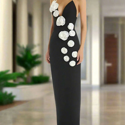 Elegant Contrast Pearl Slip Dress with 3D Floral Back Split for Women's Summer Evening Events - 2024 Collection