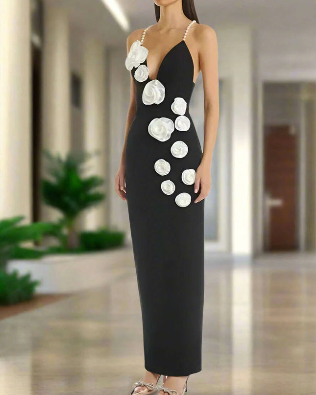 Elegant Contrast Pearl Slip Dress with 3D Floral Back Split for Women's Summer Evening Events - 2024 Collection
