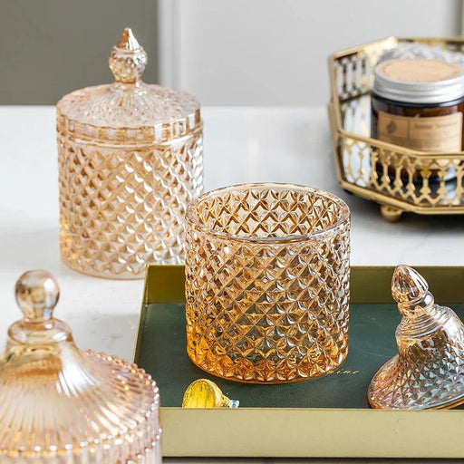 Amber Radiance Crystal Glass Storage Jar with Lid for Jewelry and Event Decor