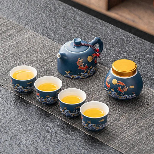 Elegant Chinese Kung Fu Tea Ceremony Set with Teapot and Four Cups in Luxurious Gift Box