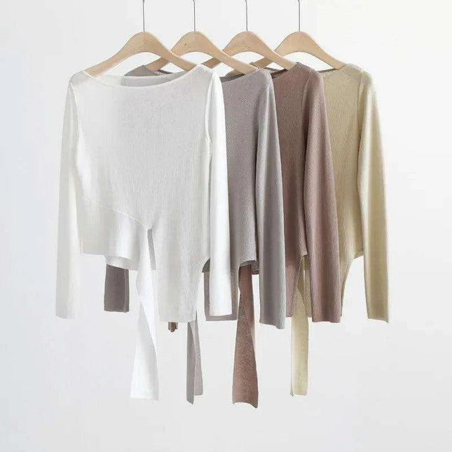 Elegant Asymmetric Long Sleeve Sky Silk Top for Women - Perfect for Spring and Summer