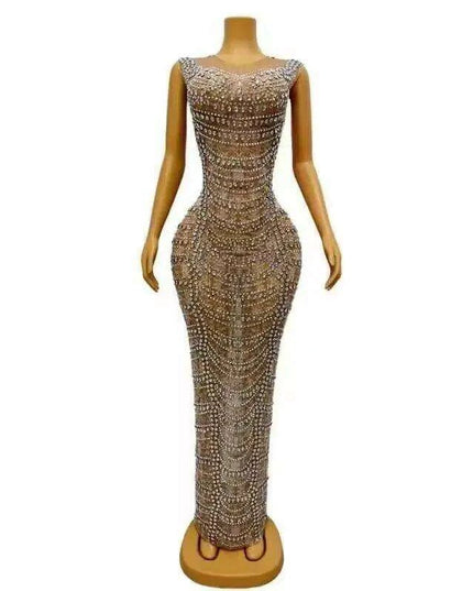 Sparkling Rhinestone-Studded Mesh Performance Dress for Nightclub Stars