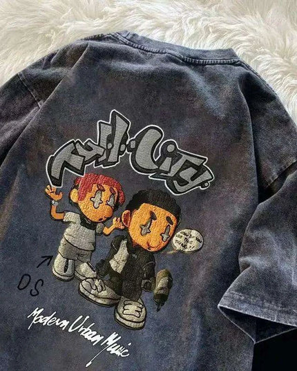 Vintage American Tide Heavy Cotton Summer T-Shirt for Men - Loose Fit Short Sleeves