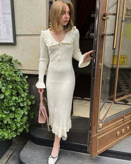 Elegant Vintage Ruffled Knit Maxi Dress - Long Sleeve Gown for Celebrations and Gatherings