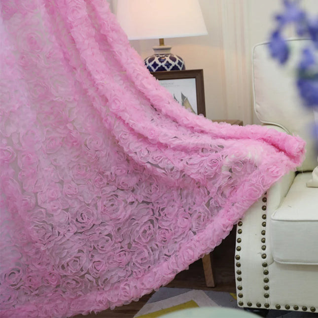 3D Rose Embroidery Sheer Voile Curtain – White & Pink, Custom Size