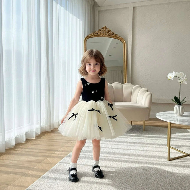 Adorable Summer Black Patchwork Mesh Bow Dress for Baby Girls, Princess Party Attire for Ages 1-5T