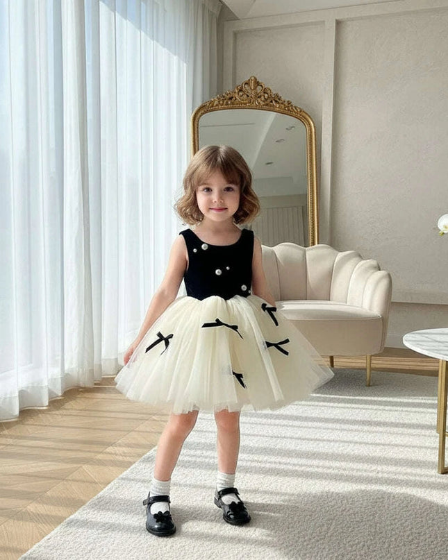 Adorable Summer Black Patchwork Mesh Bow Dress for Baby Girls, Princess Party Attire for Ages 1-5T
