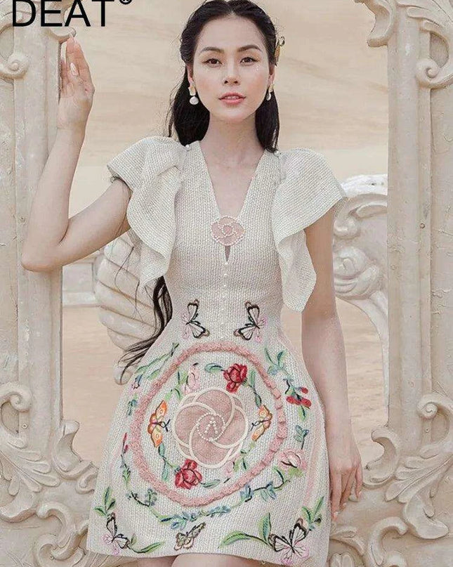 Pearl Embroidered V-Neck A-Line Dress with Flutter Sleeves