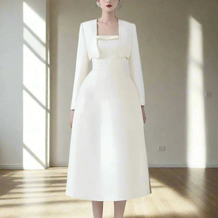 Chic 2-Piece Elegant Dress Set with Bowknot High Waist and Short Coat for Summer 2024