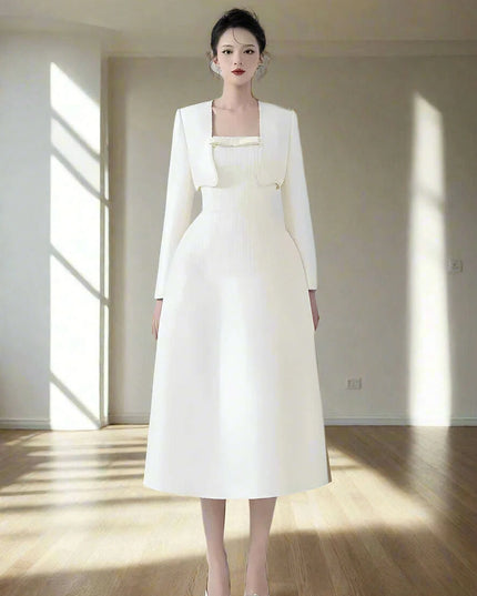 Chic 2-Piece Elegant Dress Set with Bowknot High Waist and Short Coat for Summer 2024