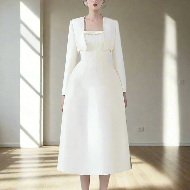 Chic 2-Piece Elegant Dress Set with Bowknot High Waist and Short Coat for Summer 2024