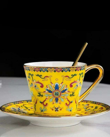 Imperial Elegance Enamel Porcelain Tea and Coffee Cup Set with Ornate Borders