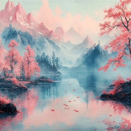 Mountain Lake Cherry Blossom 3D Mural Wallpaper